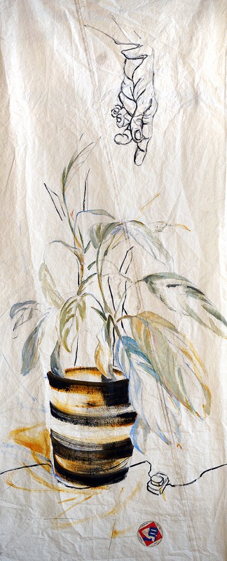 Pot Plant Hand|acrylic, pencil, on sailcloth| 90x +-200 cm