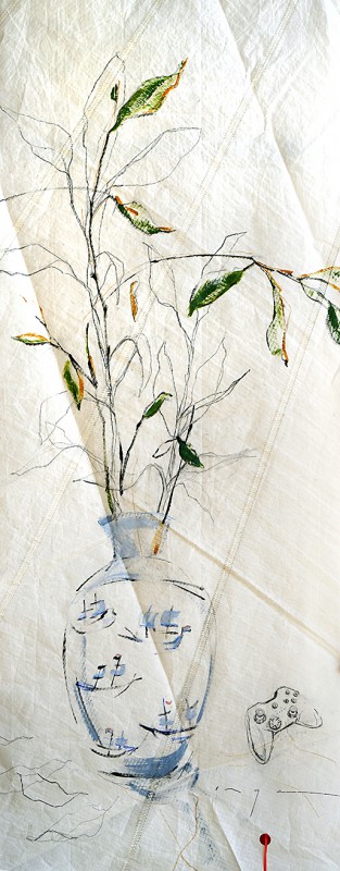 Vase with paper planes and remote control |acrylic, pencil, on sailcloth| 90x +-200 cm