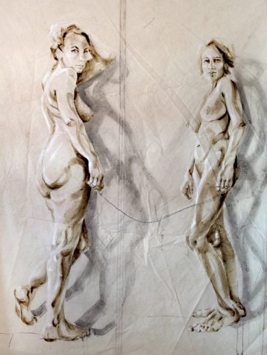 Dos Amigas | Acrylic on sailcloth | 180x225 cm | white wooden frame top&bottom