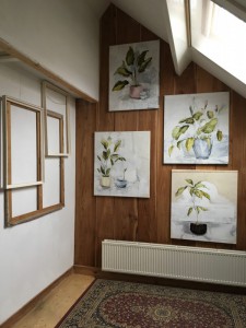 Paintings of plants on studio wall
