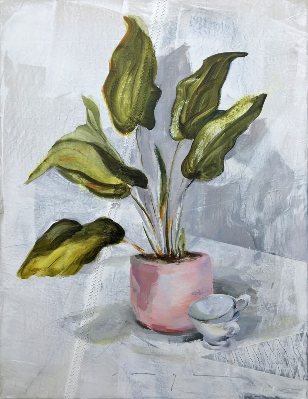 Plant in pink pot and two cups | acrylic on sailcloth | 70x90 cm | 1250€