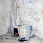 Still life with bottle, cup and tea spoon | Acrylic on wooden panel | 60x70 cm