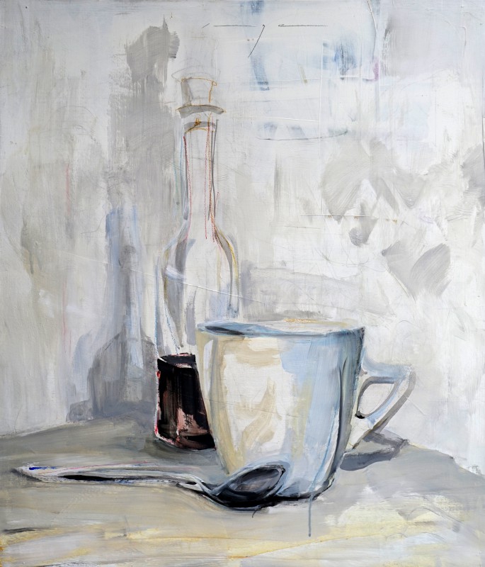 Still life with bottle, cup and tea spoon | Acrylic on wooden panel | 60x70 cm | 1250€