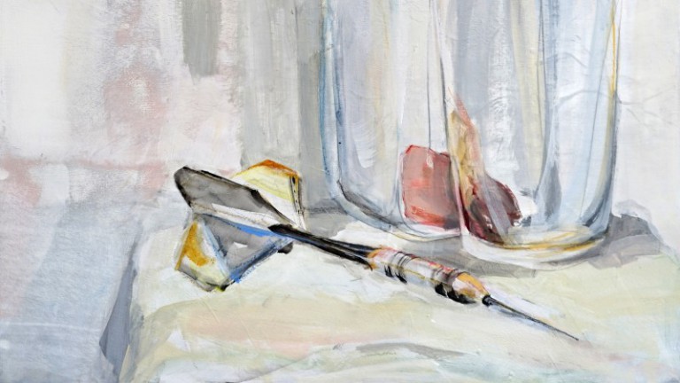 Still life with dart arrow | Acrylic on wooden panel | detail